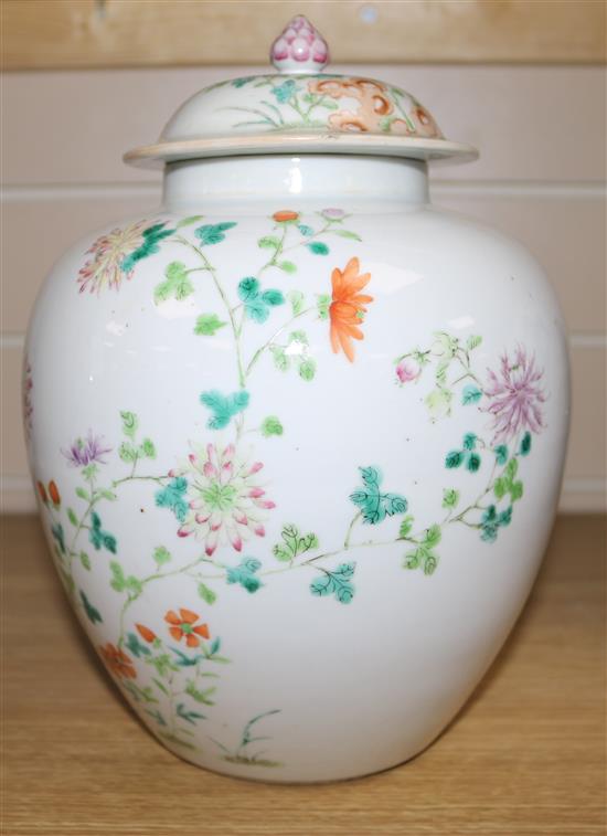 A late 19th century Chinese famille rose ginger jar and cover, 9.75in.